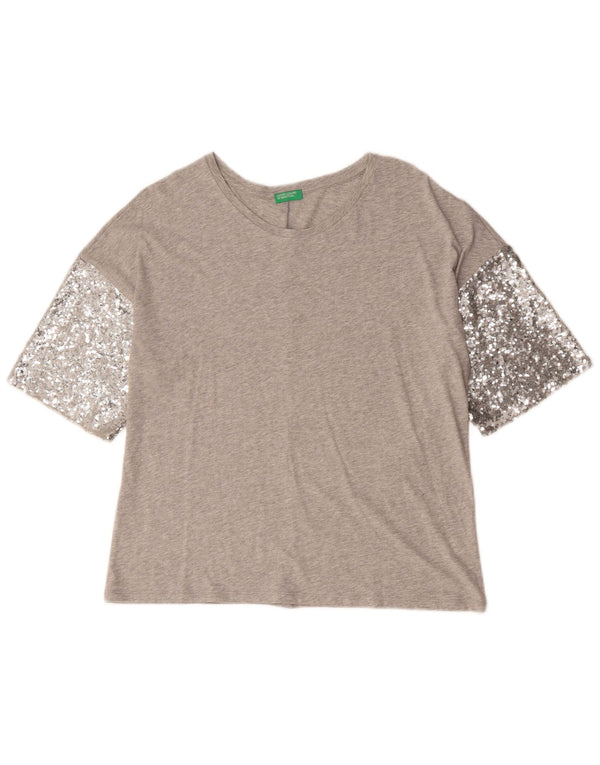 Benetton Damen T-Shirt Top UK 14 Large Grau geflecktes Modal