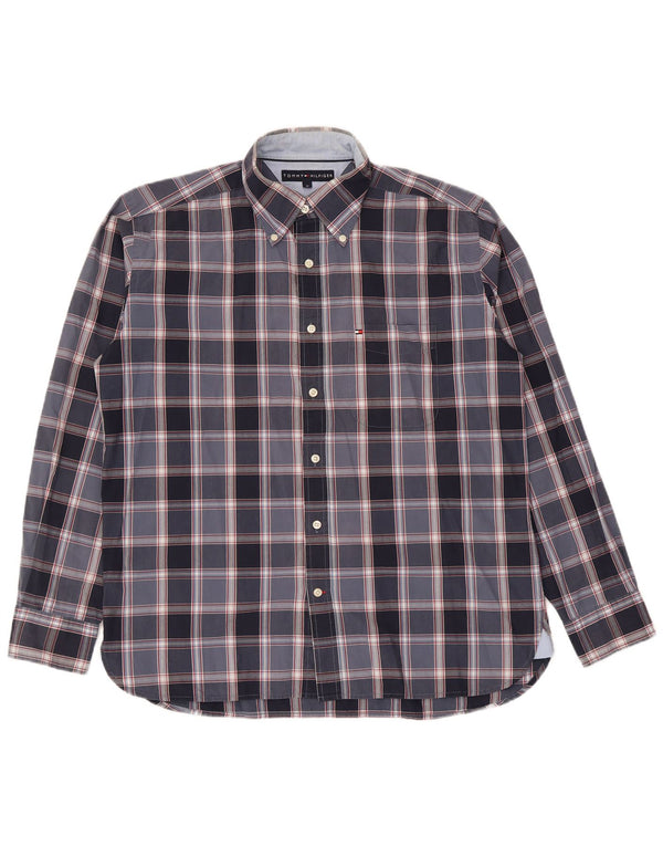 Tommy Hilfiger Mens Shirt Medium Navy Blue Plaid Cotton