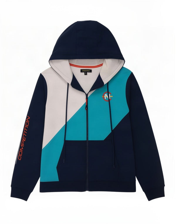 Nautica Herren-Kapuzenpullover mit grafischem Reißverschluss, mittlere marineblaue Farbblock-Baumwolle