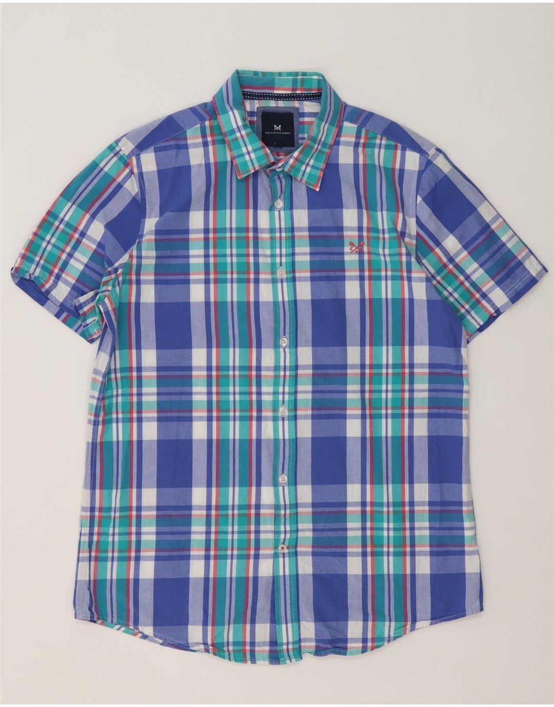Crew Clothing Herren-Kurzarmhemd, groß, blau kariert, Baumwolle