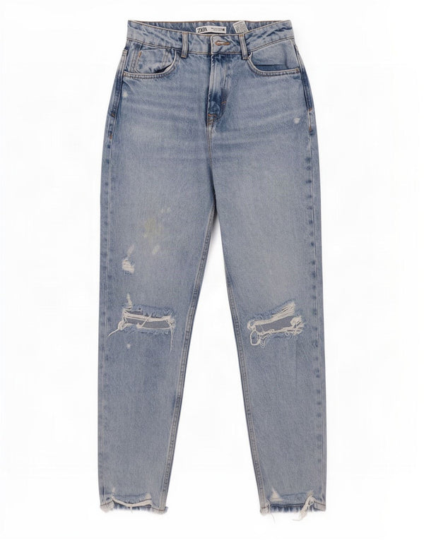 Zara Damen Distressed Tapered Jeans EU 38 Small W28 L27 Blaue Baumwolle