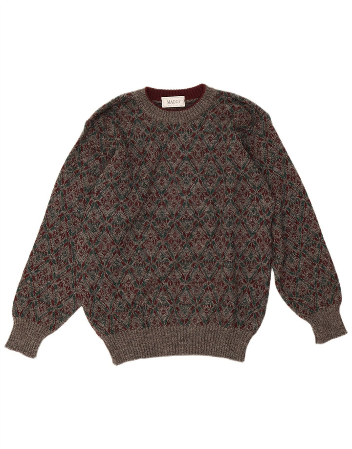 Vintage Herren-Pullover mit Rundhalsausschnitt, mittelgraue geometrische Wolle