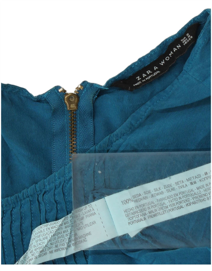 Zara Damen Bluse Top UK 10 Small Blaue Seide