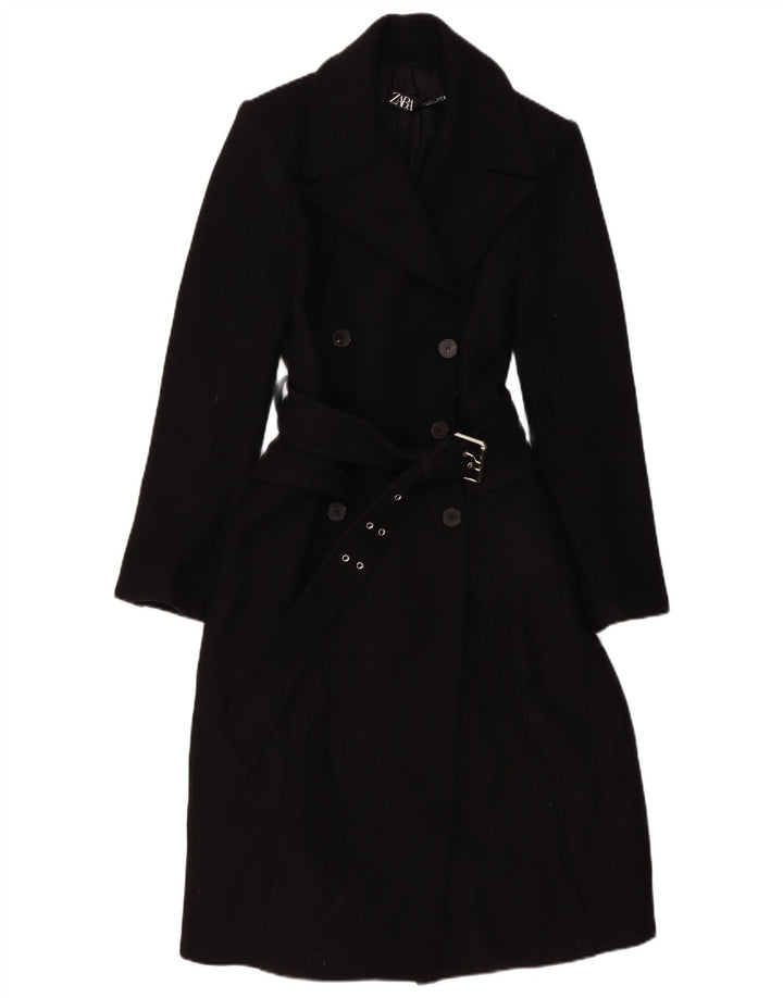Zara Damen Zweireihiger Mantel UK 10 Small Schwarze Wolle