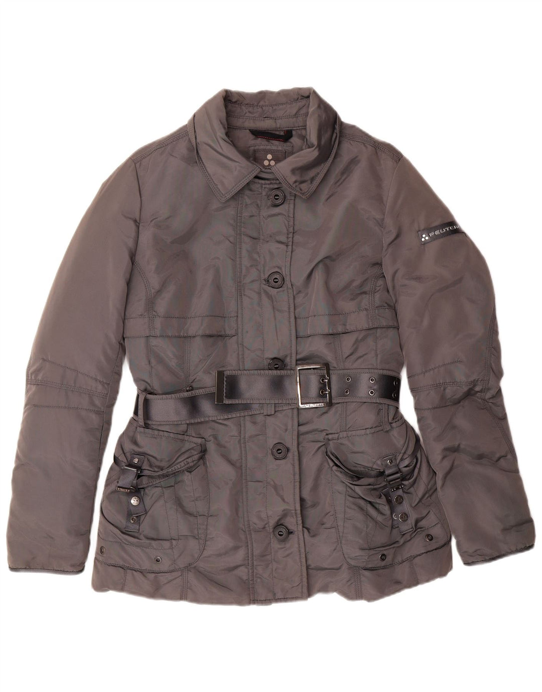 PEUTEREY Damen wattierte Jacke mit Gürtel IT 46 Large Grau Polyamid Klassisch