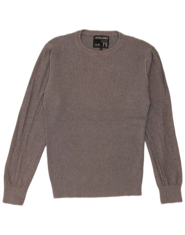 JACK & JONES Herren-Pullover mit grafischem Rundhalsausschnitt, mittelgraue Baumwolle