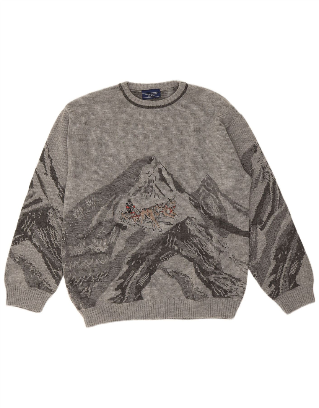 Vintage Herren Pullover mit grafischem Rundhalsausschnitt, groß, aus grauem Polyacryl
