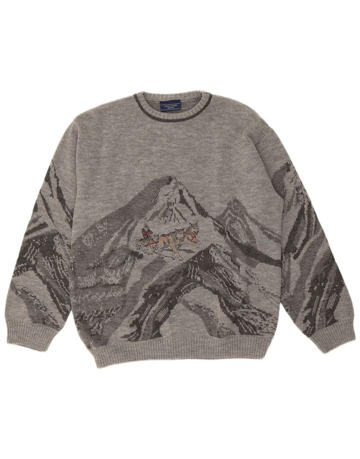 Vintage Herren Pullover mit grafischem Rundhalsausschnitt, groß, aus grauem Polyacryl