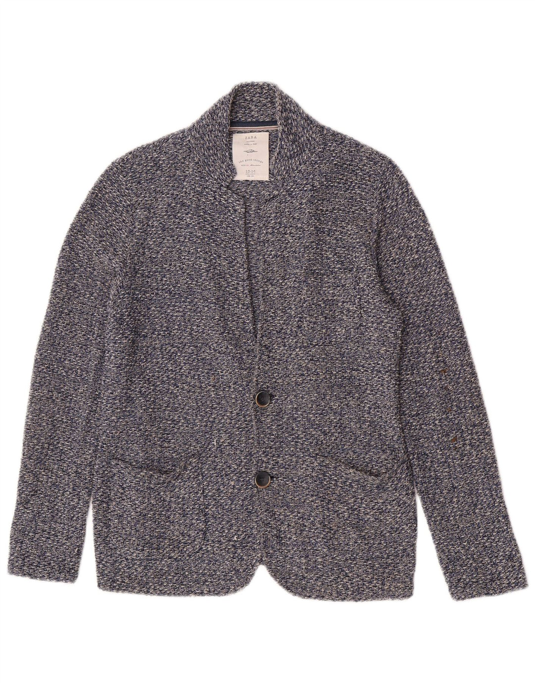 Zara Jungen-Strickblazer mit 2 Knöpfen, 13–14 Jahre, blau gesprenkelte Baumwolle