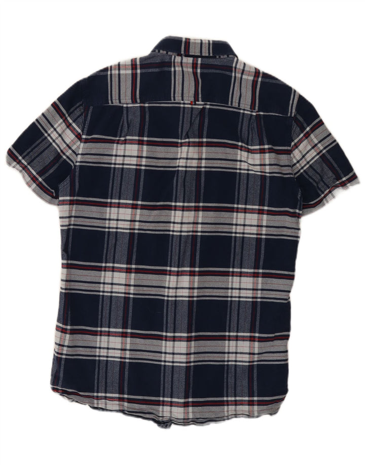 Superdry Herren-Kurzarm-Flanellhemd aus mittelblauer, karierter Baumwolle