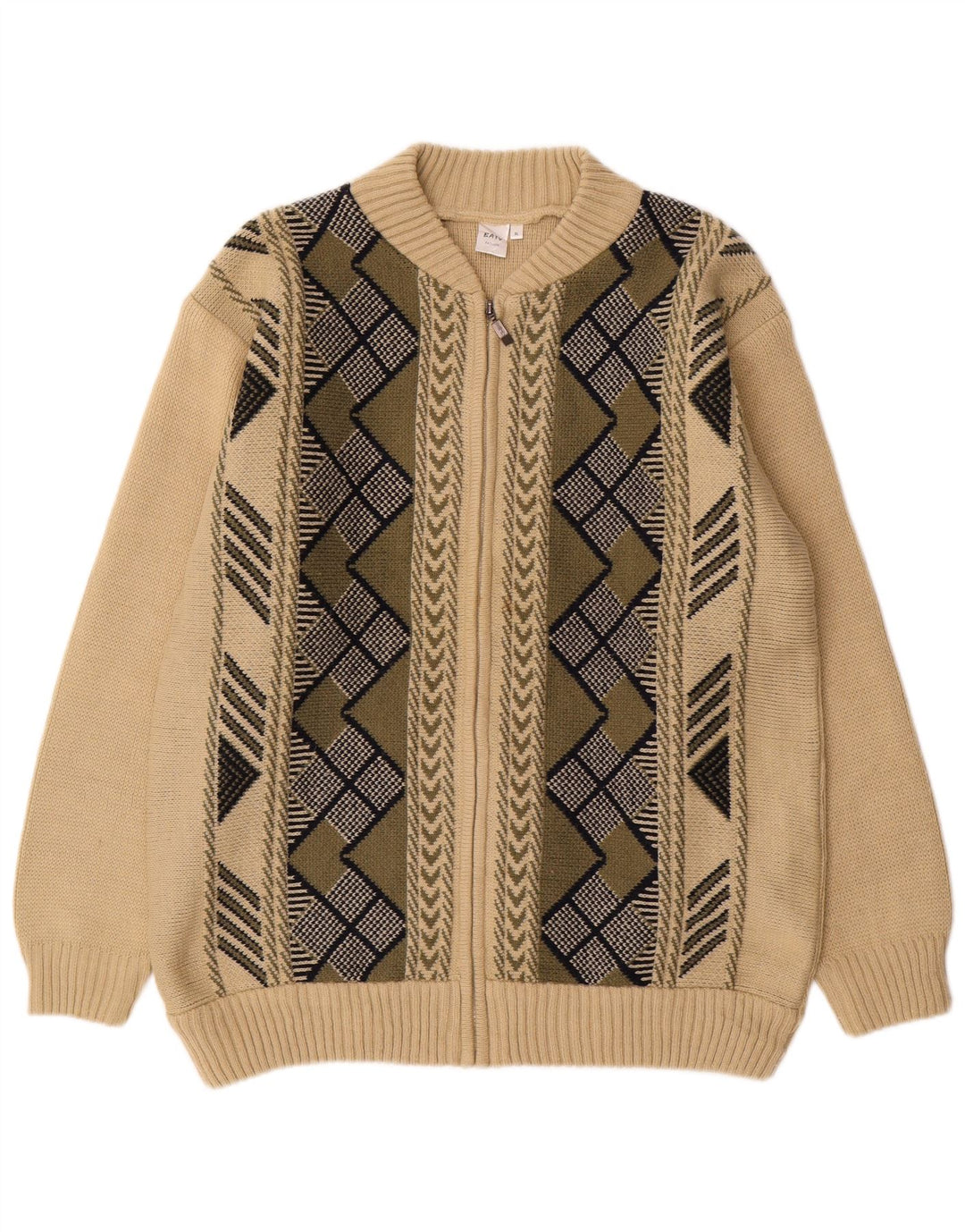 VINTAGE Herren Cardigan Pullover XL Beige Geometrisch Acryl