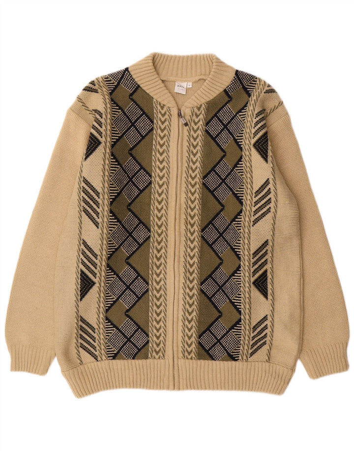 VINTAGE Herren Cardigan Pullover XL Beige Geometrisch Acryl