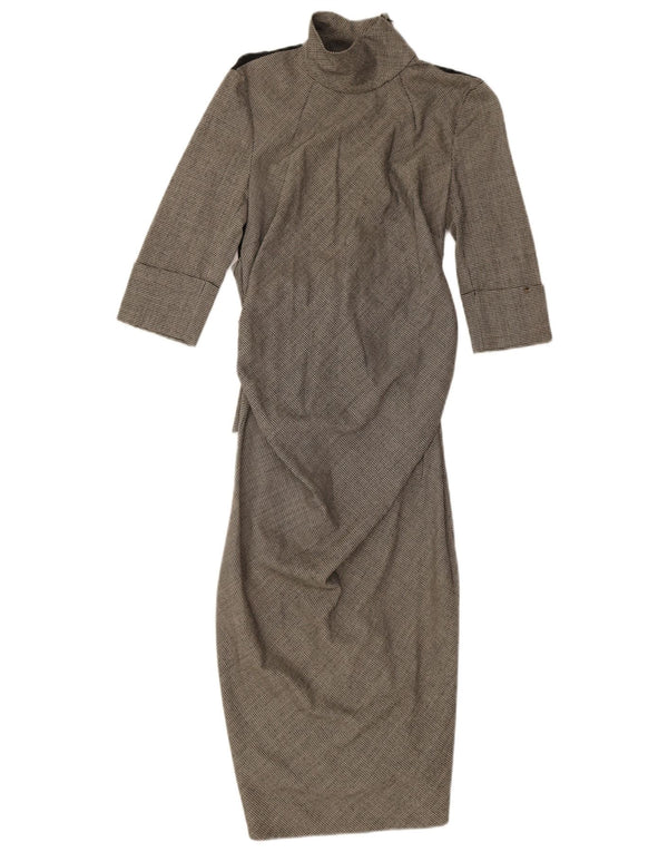 Sportmax Damen-Maxikleid mit langen Ärmeln, UK 12, Mittelgrau mit Hahnentrittmuster