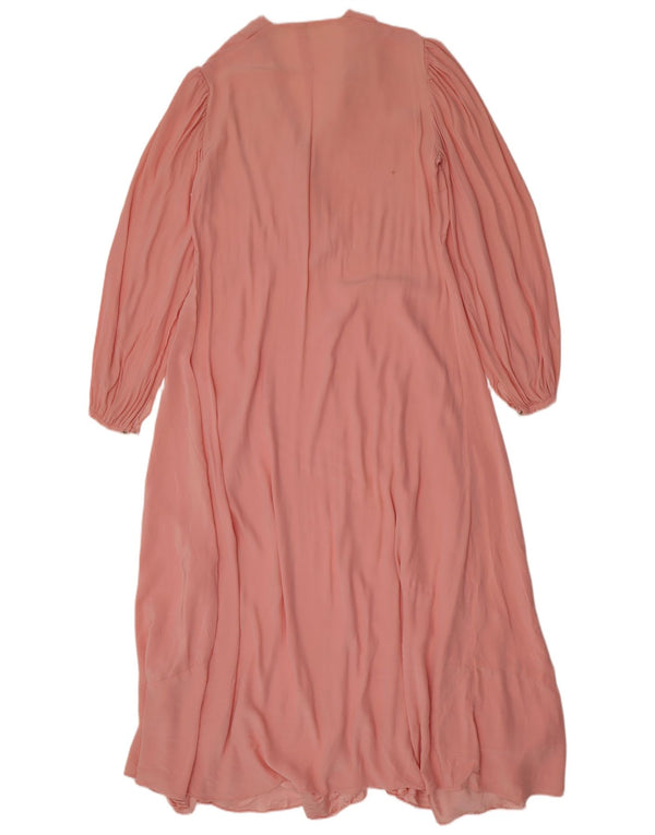 Vintage Damen Langarm Maxi Teekleid UK 12 Mittelrosa Blumen Retro