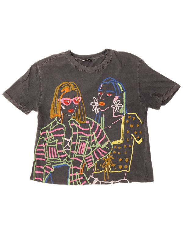 Übergroßes Grafik-T-Shirt-Oberteil von Zara für Damen, UK 10, Größe S, graue Baumwolle