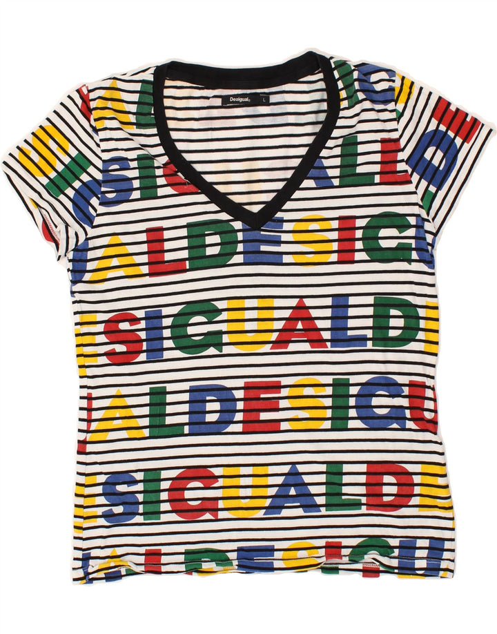 DESIGUAL Damen Grafik T-Shirt Top UK 14 Medium Mehrfarbig gestreift