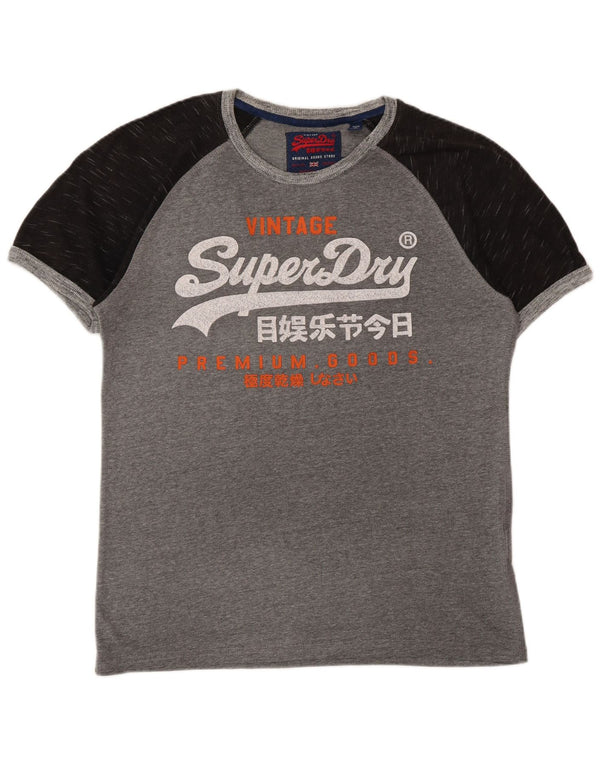 SUPERDRY Grafisches T-Shirt-Oberteil für Herren, groß, graue Farbblock-Baumwolle