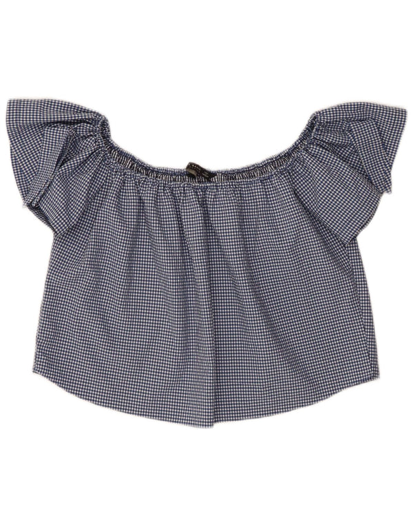 Zara Damen Crop Off Shoulder Top UK 10 Small Marineblau Gingham