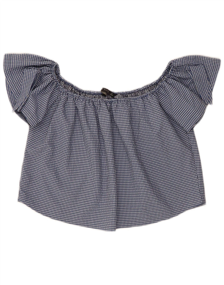 Zara Damen Crop Off Shoulder Top UK 10 Small Marineblau Gingham