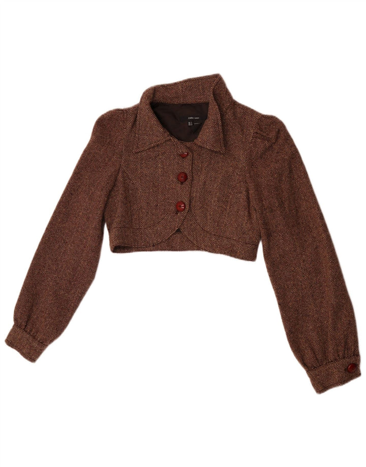 Zara Damen Bolerojacke UK 10 Kleine braune Wolle mit Fischgrätenmuster