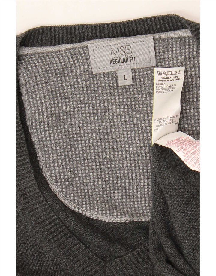 Marks & Spencer Herren-Pullover, reguläre Passform, V-Ausschnitt, groß, aus grauer Baumwolle