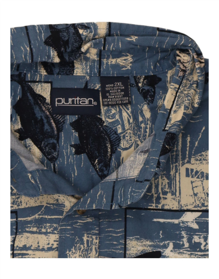 Puritan Herren Grafik Kurzarmhemd 2XL Blau Baumwolle