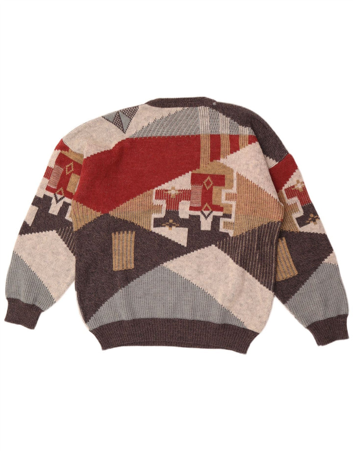Vintage Herren Rundhalsausschnitt Pullover Sweater Groß Mehrfarbig Geometrisch