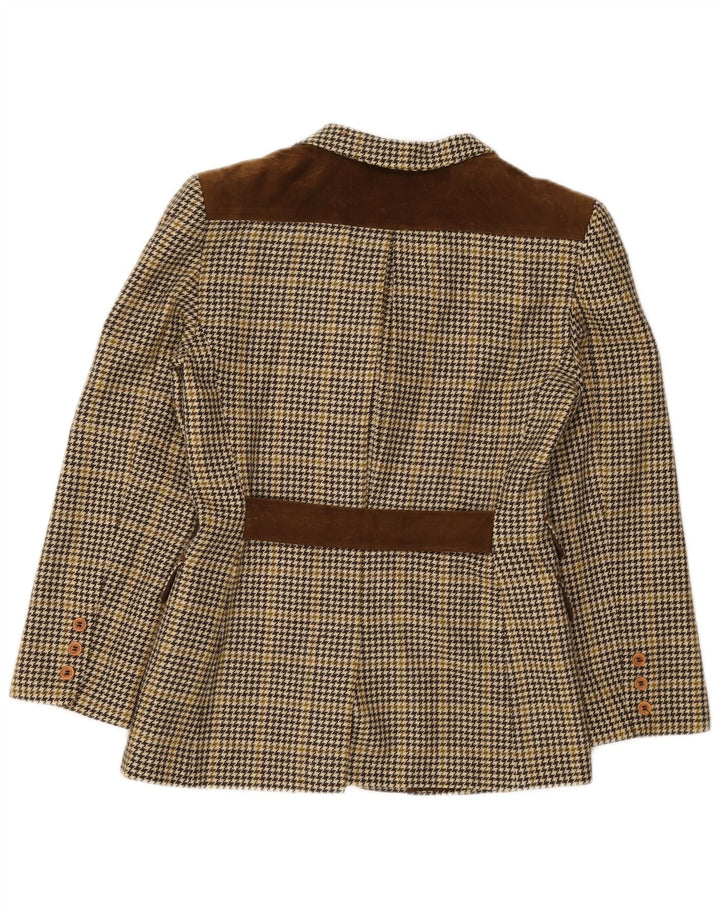 Vintage Damen 4-Knopf-Blazerjacke IT 44 Mittelbraune Hahnentrittwolle