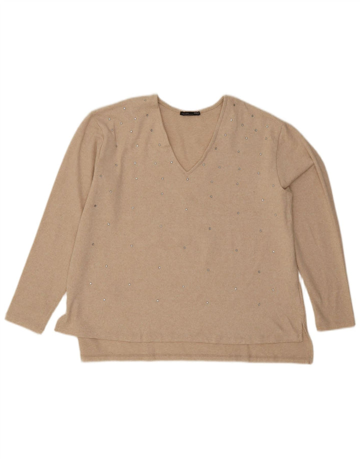 Zara Damen-Pullover mit V-Ausschnitt, UK 16, Größe L, Beige, Polyester