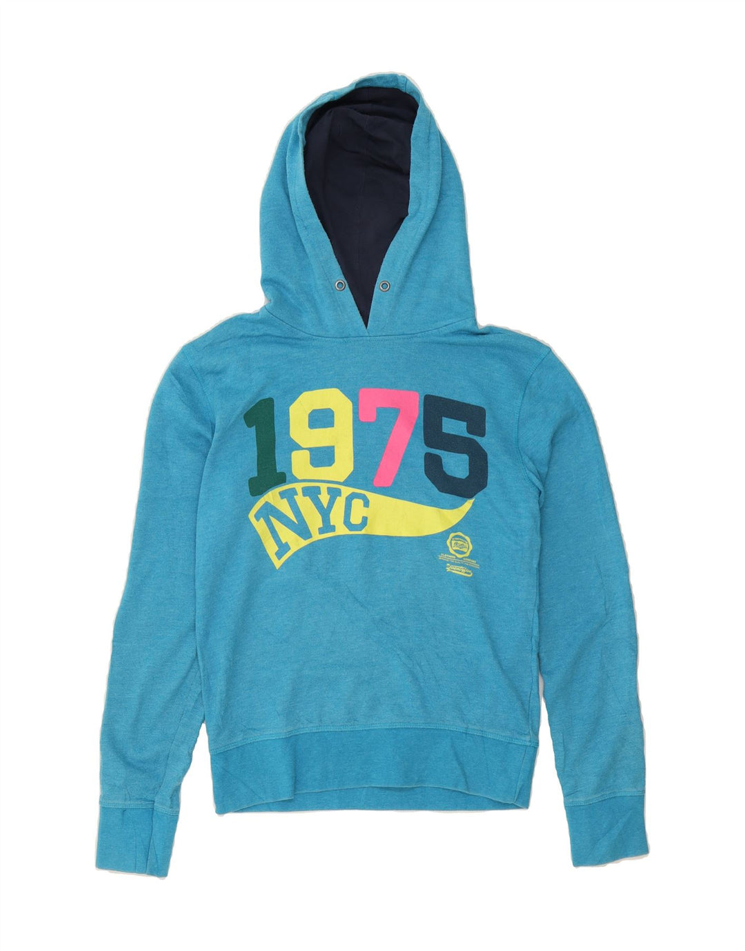 JACK & JONES Mens Graphic Hoodie Jumper Small Blue Polyester Vintage Jack & Jones and Second-Hand Jack & Jones from Messina Hembry 