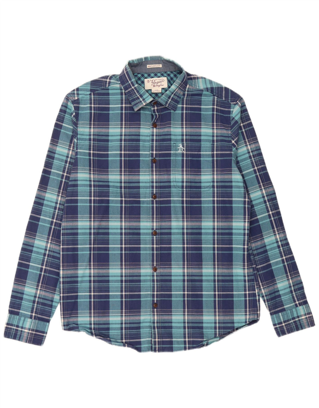 Penguin Herren Heritage Slim Fit Hemd, groß, marineblau, kariert, Baumwolle