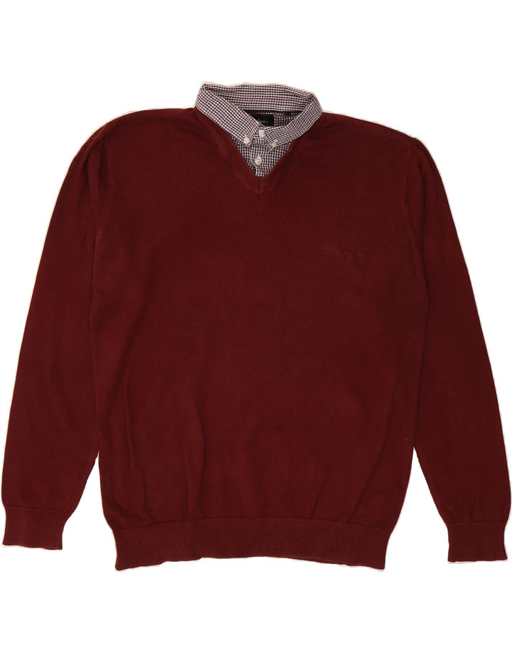 PIERRE CARDIN Mens V-Neck Jumper Sweater Medium Maroon Cotton Vintage Pierre Cardin and Second-Hand Pierre Cardin from Messina Hembry 