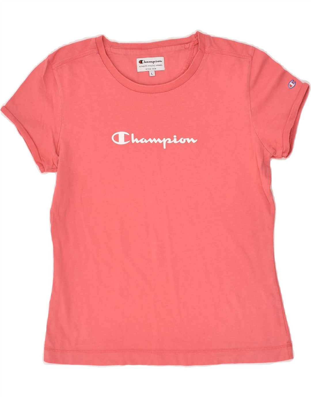 CHAMPION Womens T-Shirt Top UK 14 Large Pink Cotton | Vintage Champion | Thrift | Second-Hand Champion | Used Clothing | Messina Hembry 