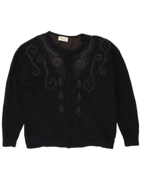 VINTAGE Damen Strickjacke Pullover UK 16 Groß Marineblau Paisley