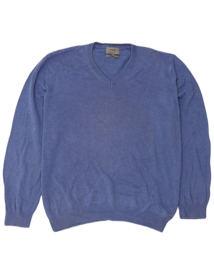 Marks & Spencer Herren-Pullover mit V-Ausschnitt, XL, blaue Baumwolle