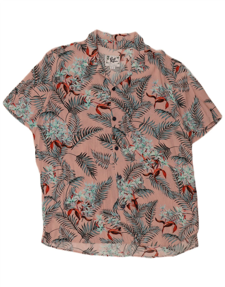 PULL & BEAR Herren Kurzarmhemd XL Rosa Blumen Viskose Hawaiianisch