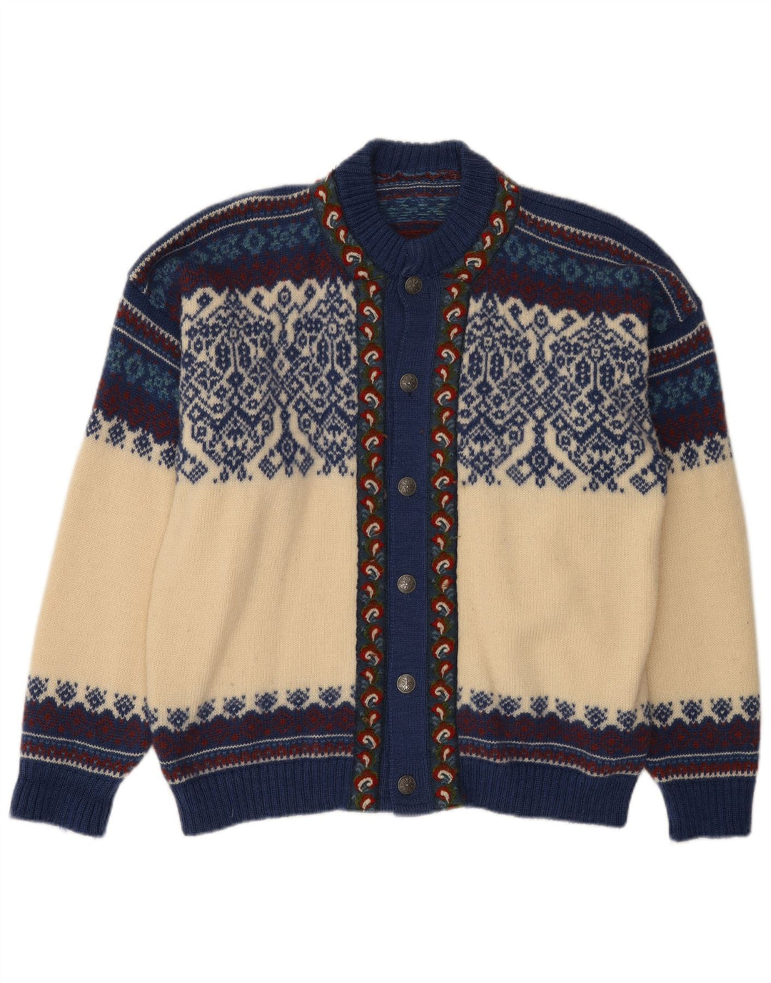 Vintage Herren Cardigan Pullover Groß Off White Fair Isle