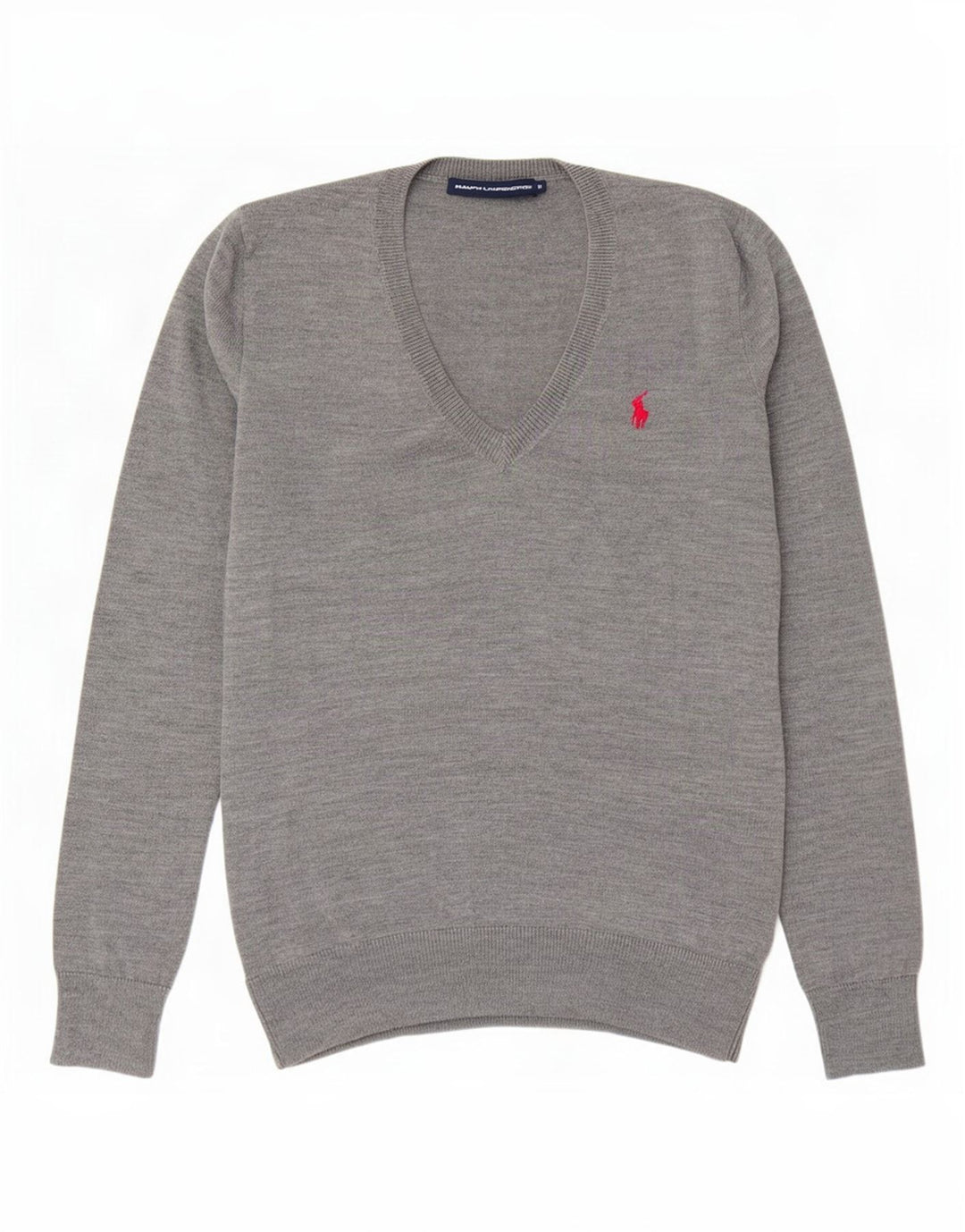 Ralph Lauren Damen-Pullover mit V-Ausschnitt, UK 14, mittelgrau gefleckte Wolle