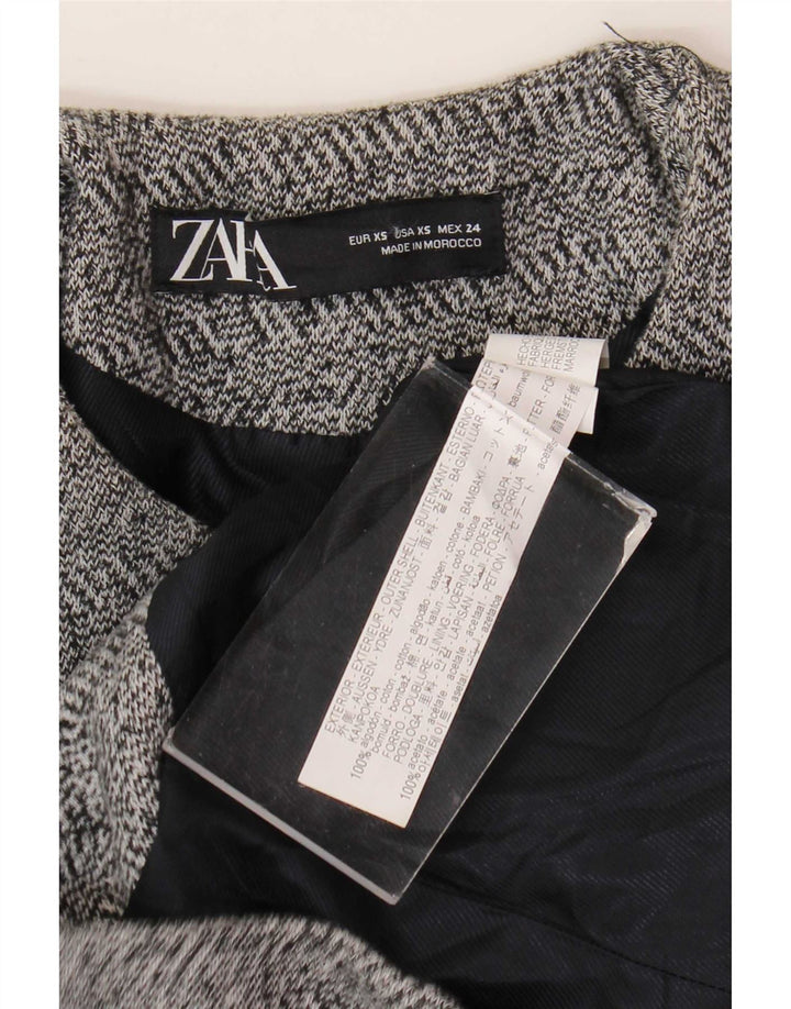 Zara Damen Longline Full Zip Blazer Jacke UK 6 XS Graue Herringbone-Baumwolle