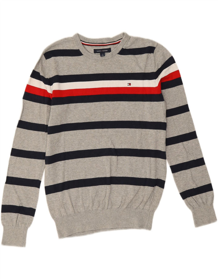 Tommy Hilfiger Herren-Pullover mit Rundhalsausschnitt, mittelgrau, gestreift, Baumwolle