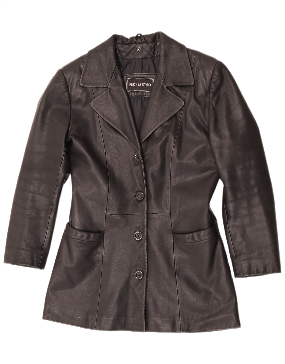 Vintage Damen 4 Knopf Leder Blazer Jacke UK 10 Kleines schwarzes Leder