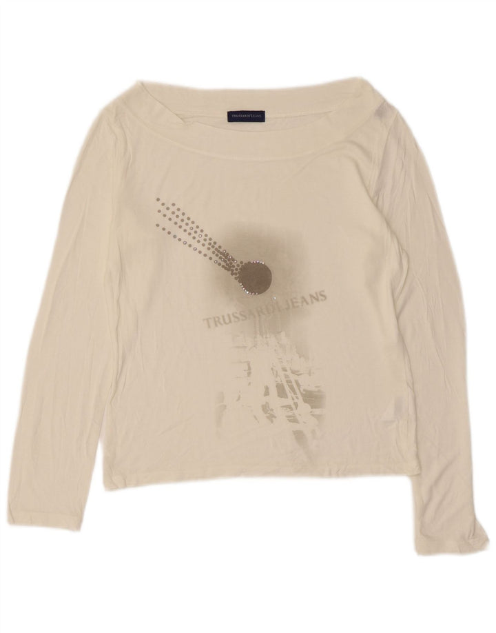 TRUSSARDI JEANS Damen Crop Graphic Top Langarm UK 12 Mittelweiß