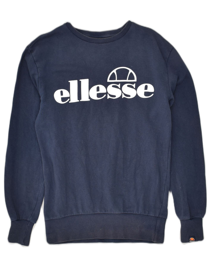 ELLESSE Womens Graphic Sweatshirt Jumper UK 8 Small Navy Blue Cotton | Vintage Ellesse | Thrift | Second-Hand Ellesse | Used Clothing | Messina Hembry 