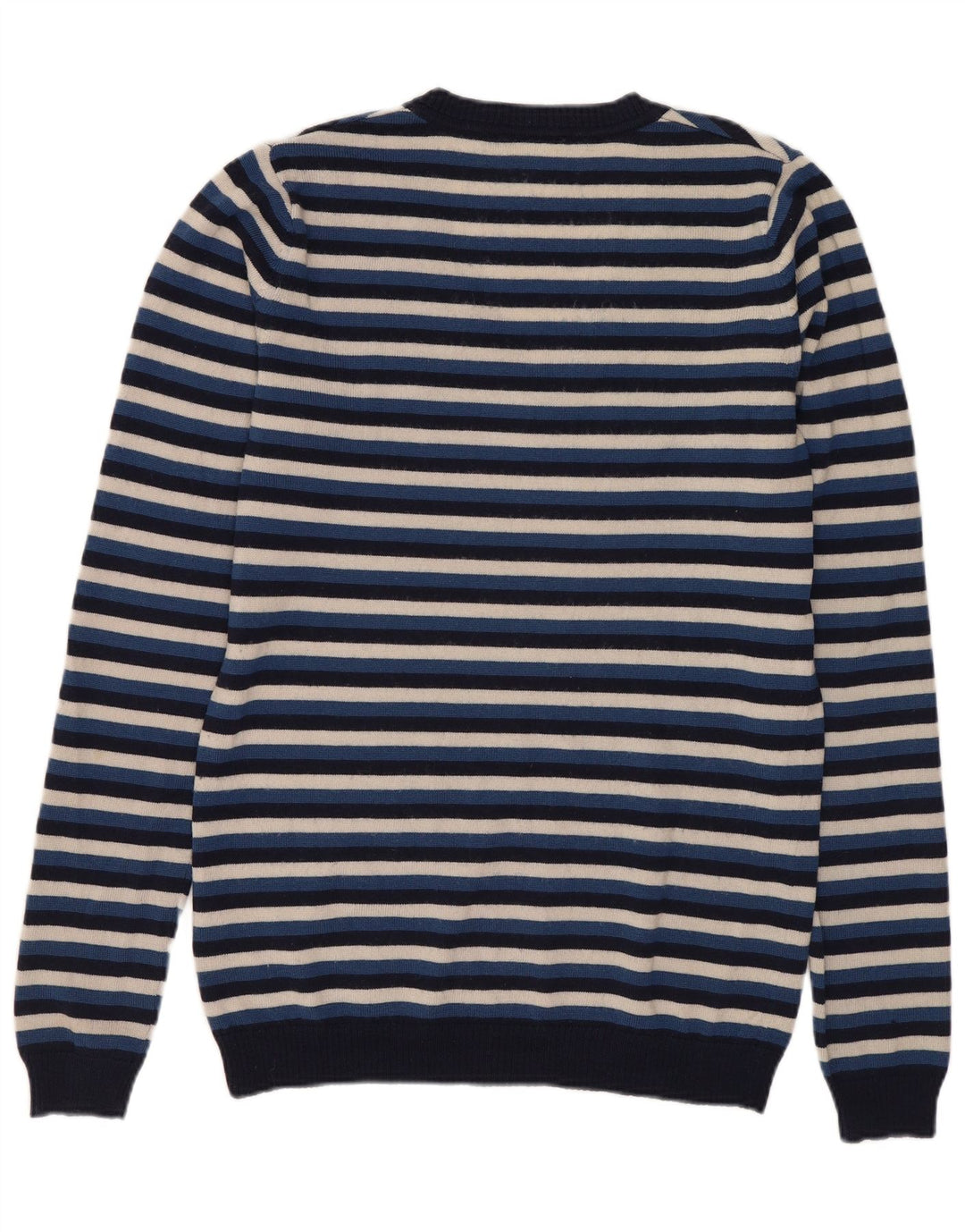 Lacoste Damen-Pullover mit V-Ausschnitt, Größe 38, mittelblaue, gestreifte Wolle