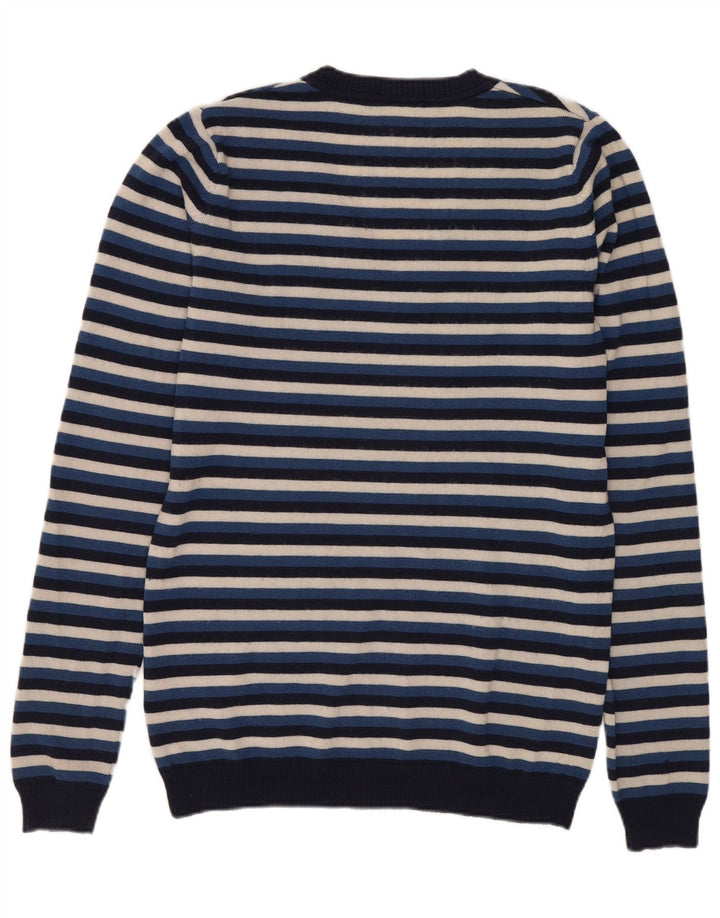 Lacoste Damen-Pullover mit V-Ausschnitt, Größe 38, mittelblaue, gestreifte Wolle