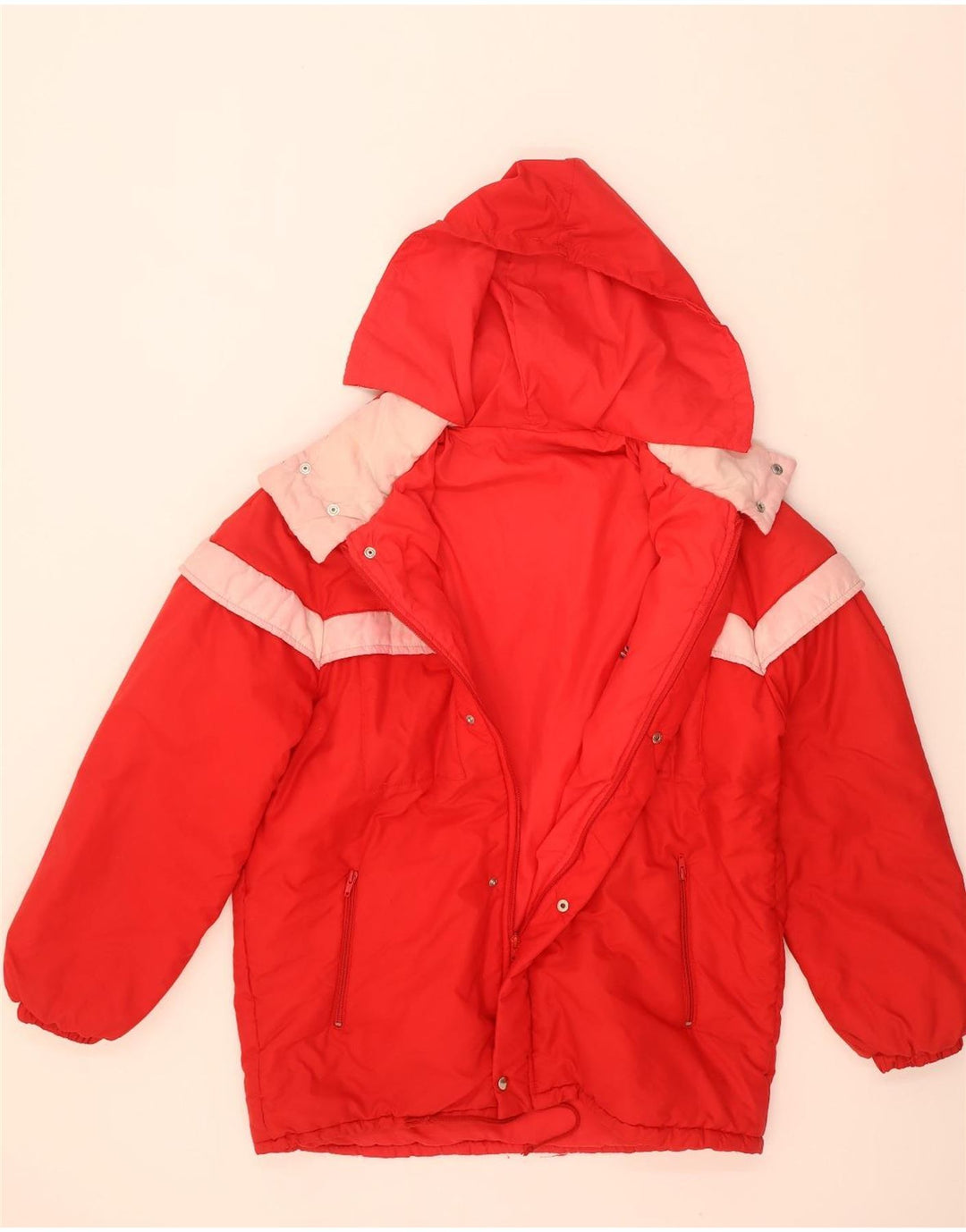 Wattierte Vintage-Herrenjacke mit Kapuze, IT 52 XL, rotes Colourblock-Polyamid