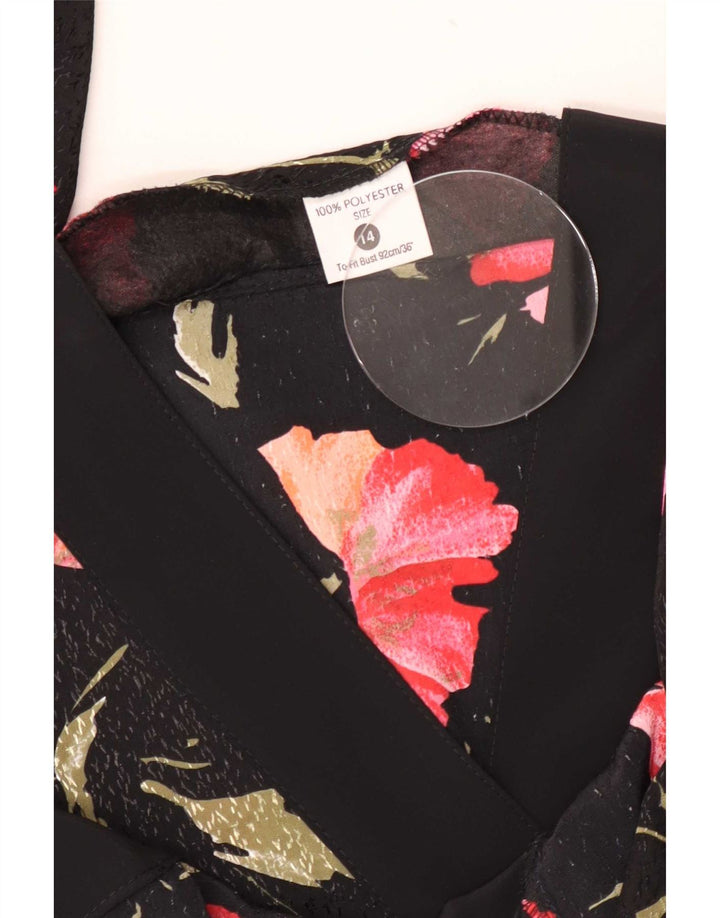 Vintage Damen Hemdbluse UK 14 Medium Schwarz Floral Polyester