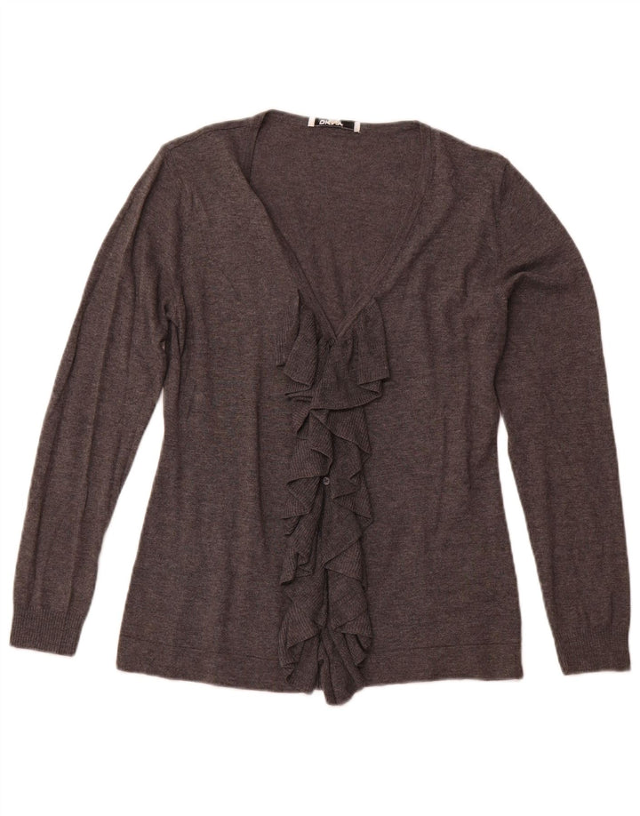 Dkny Damen-Cardigan mit Rüschen vorne, UK 12, mittelgraue Baumwolle