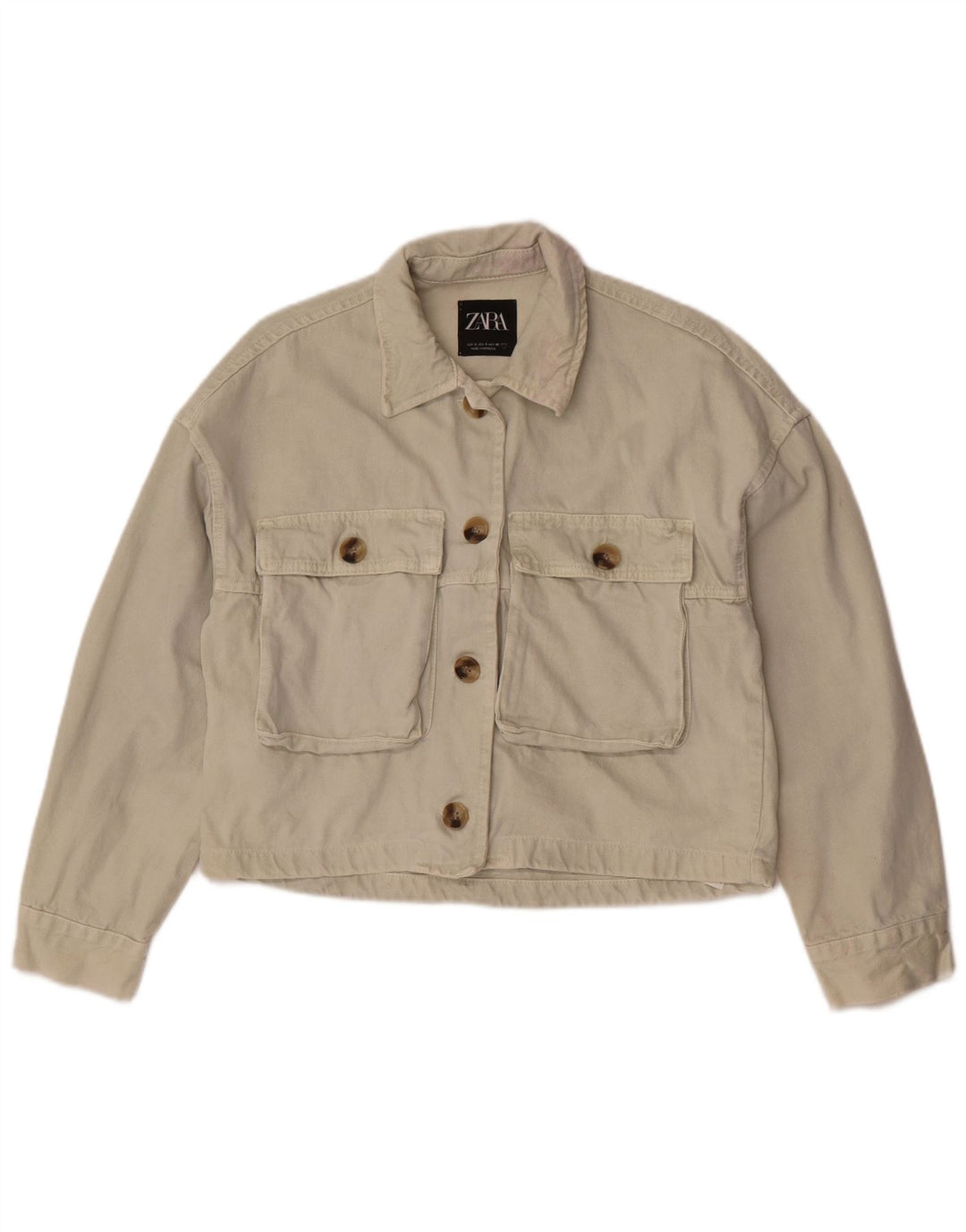 Zara Damen Crop Denim Jacke UK 10 Small Off White Cotton