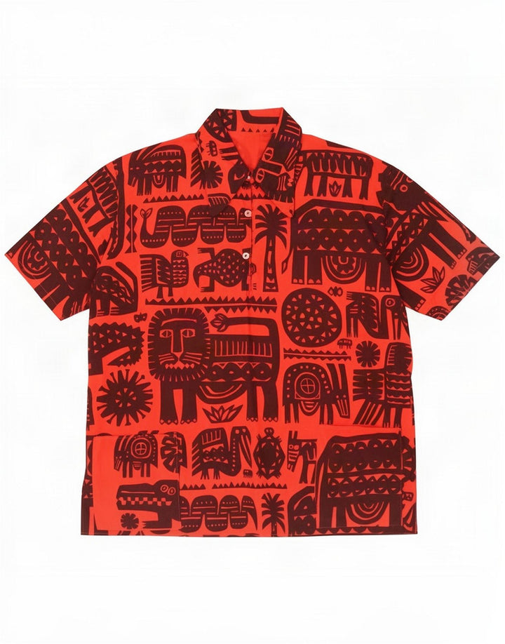 Vintage Mens Abstract Pattern Short Sleeve Pullover Shirt Large Red